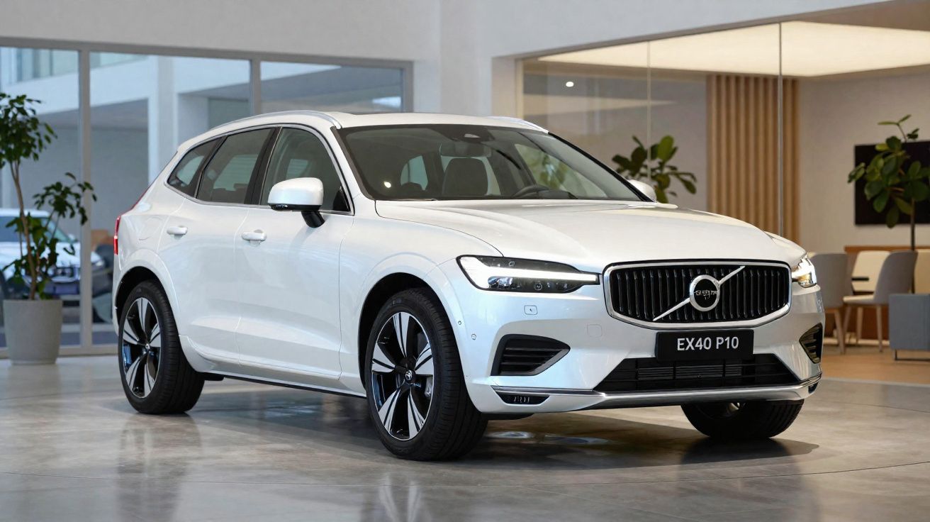 Coche Volvo EX40 P10 blanco estacionado en interior moderno con plantas y mobiliario minimalista.