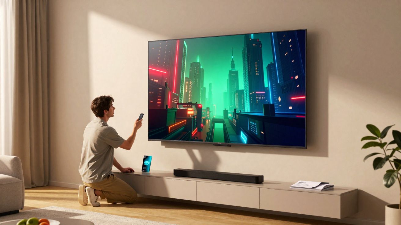 Hombre arrodillado usando mando a distancia frente a televisor grande con ciudad futurista iluminada en verde y rojo.