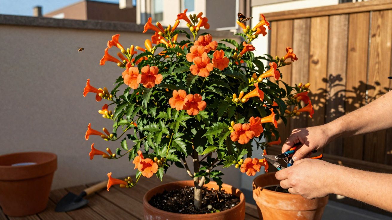 Manos podando planta de flores naranjas en maceta sobre terraza con fondo de madera y pared.
