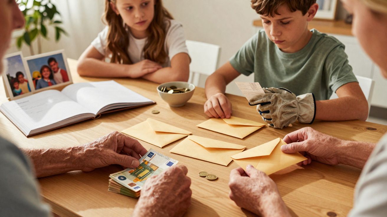 Niños y personas mayores contando dinero y guardándolo en sobres en una mesa de madera.