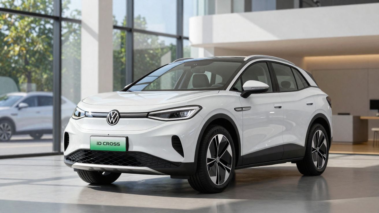 Coche eléctrico Volkswagen ID. Cross blanco estacionado en un showroom con grandes ventanales.