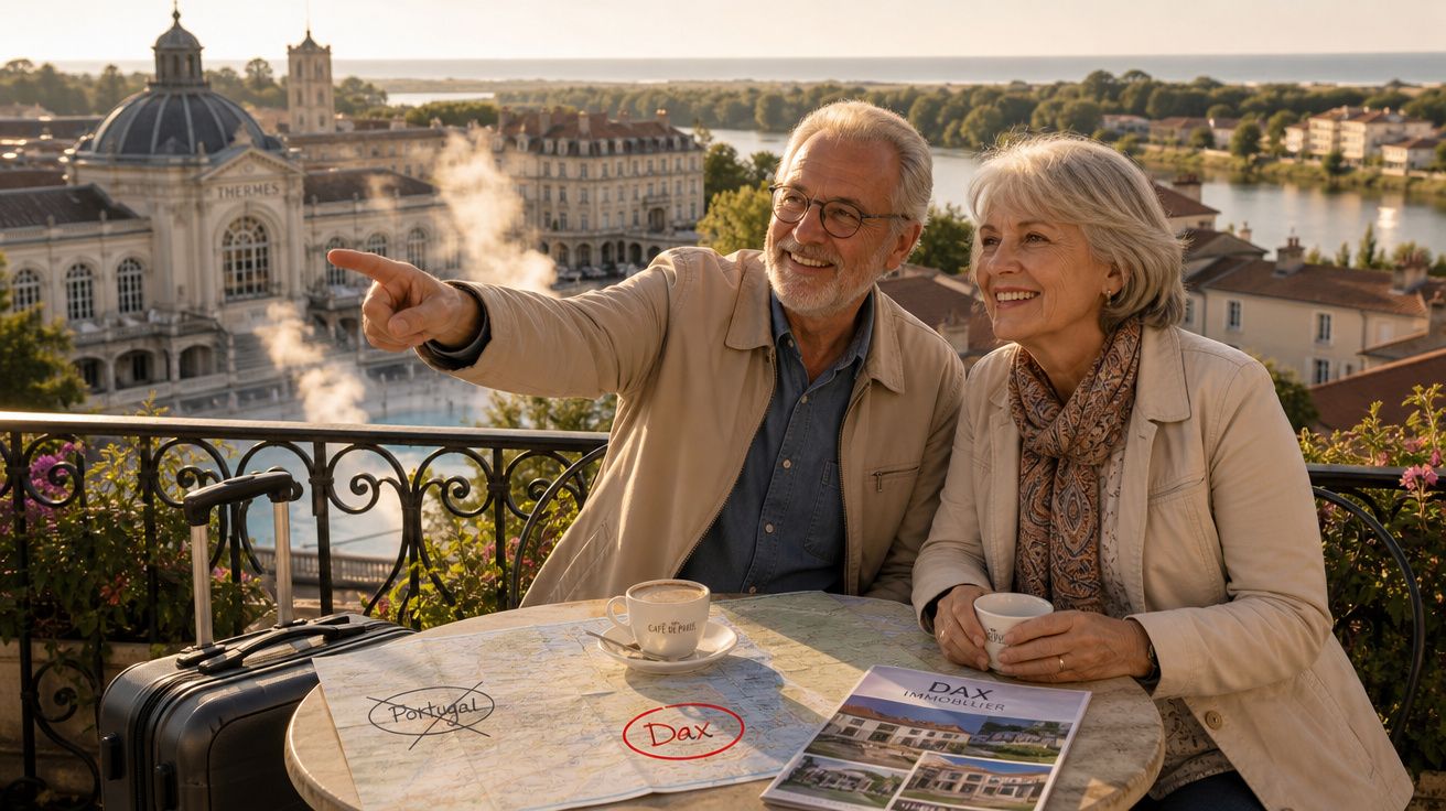 Pareja mayor sonriente en terraza con maleta, mapa y café, con ciudad y río al fondo al amanecer.