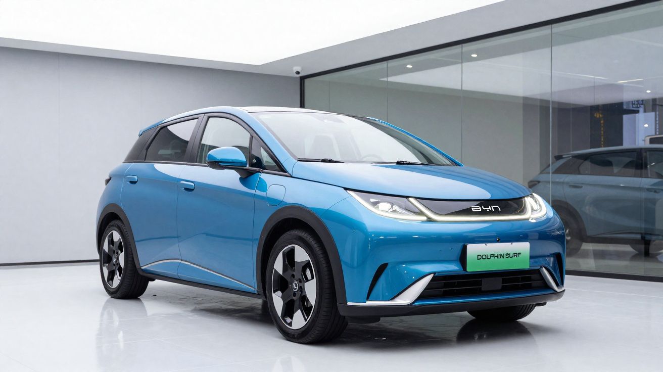 Coche eléctrico azul BYD Dolphin Surf estacionado en un espacio interior moderno con paredes blancas y cristal.