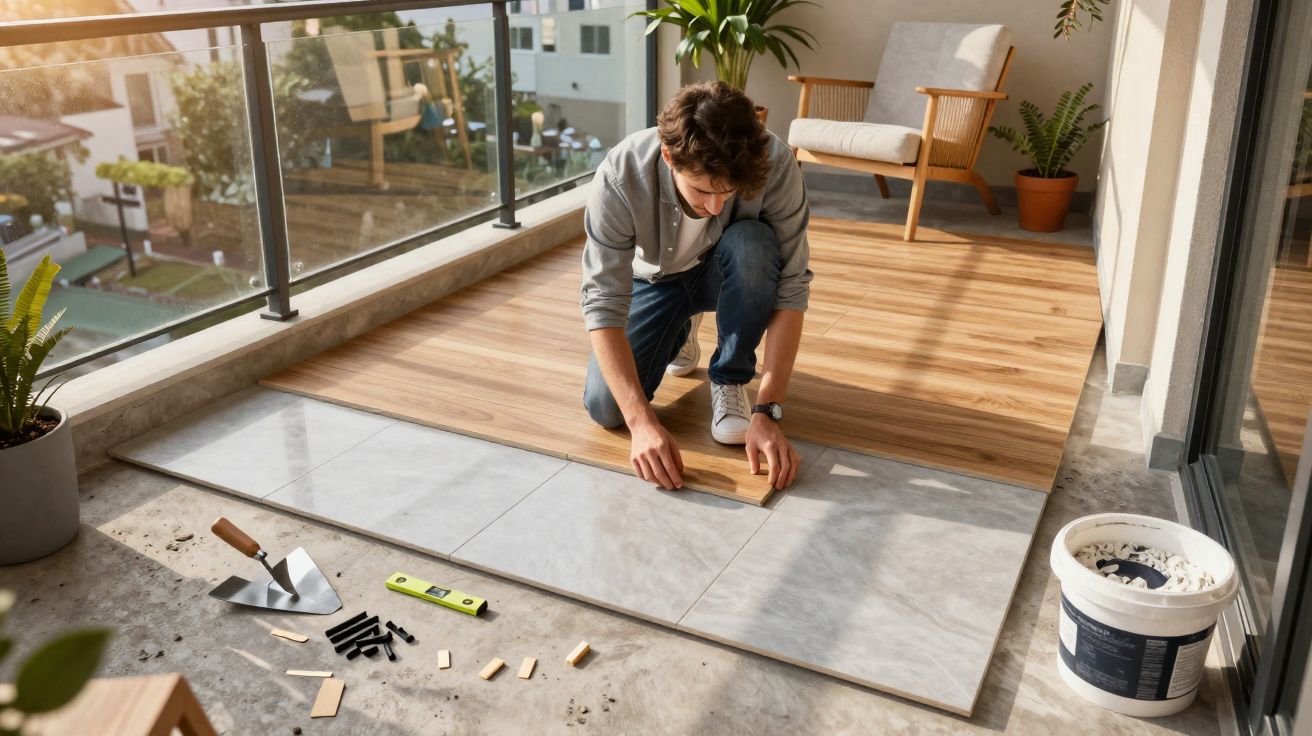 Hombre instalando suelo laminado encima de baldosa en una terraza con herramientas y plantas alrededor.