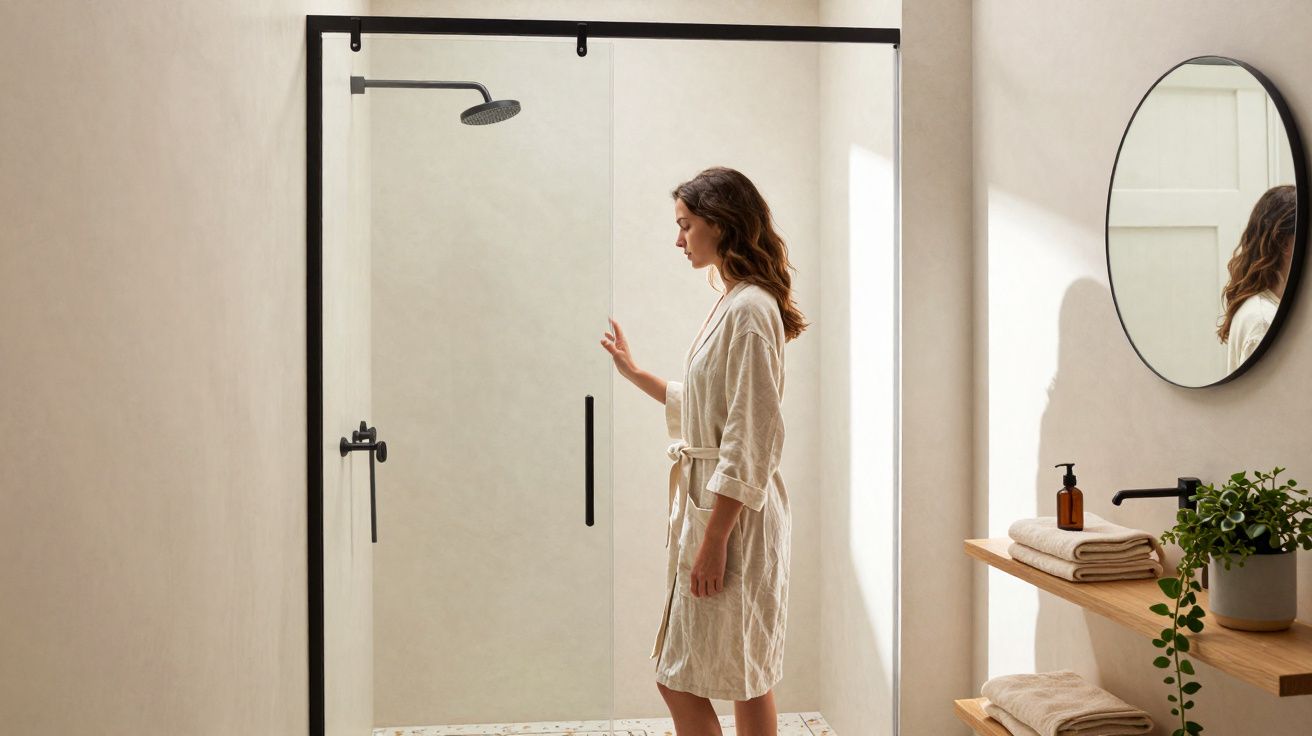 Mujer con bata blanca de perfil abriendo puerta de ducha en baño moderno y luminoso con espejo redondo.
