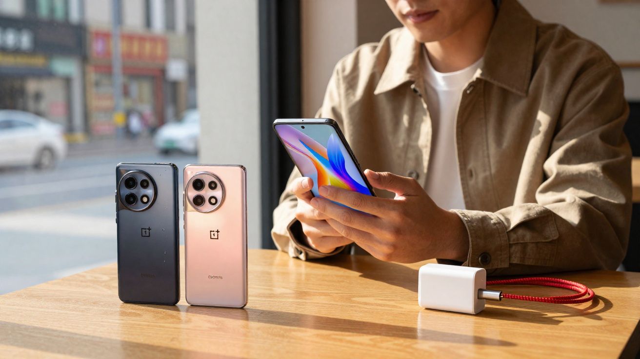 Persona usando un móvil OnePlus con dos teléfonos y un cargador sobre la mesa frente a una ventana.