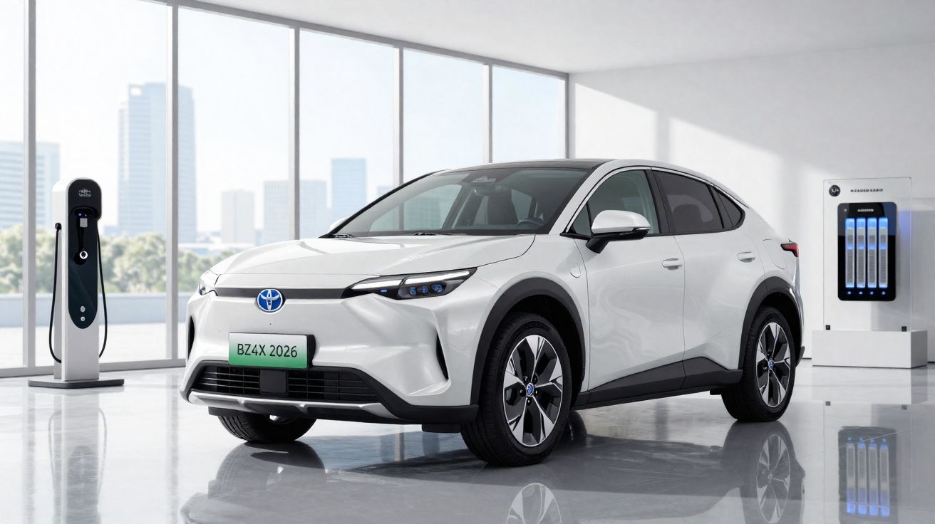 Coche eléctrico Toyota BZ4X blanco estacionado junto a un cargador en un espacio moderno y luminoso.
