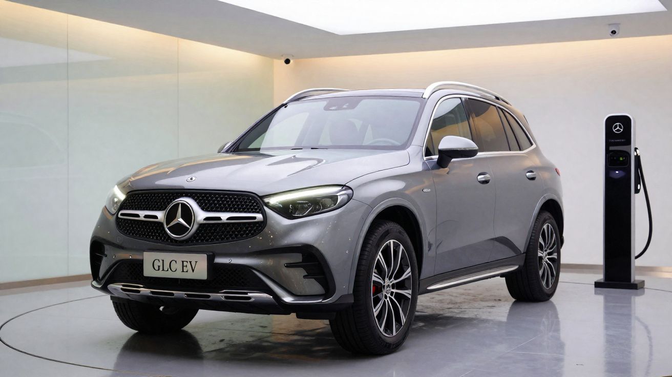 Coche eléctrico Mercedes GLC EV gris estacionado junto a un cargador en un espacio cerrado y moderno.