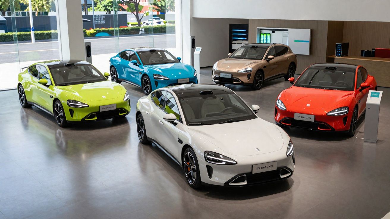 Exposición de cinco coches eléctricos de colores variados en un showroom moderno y luminoso.
