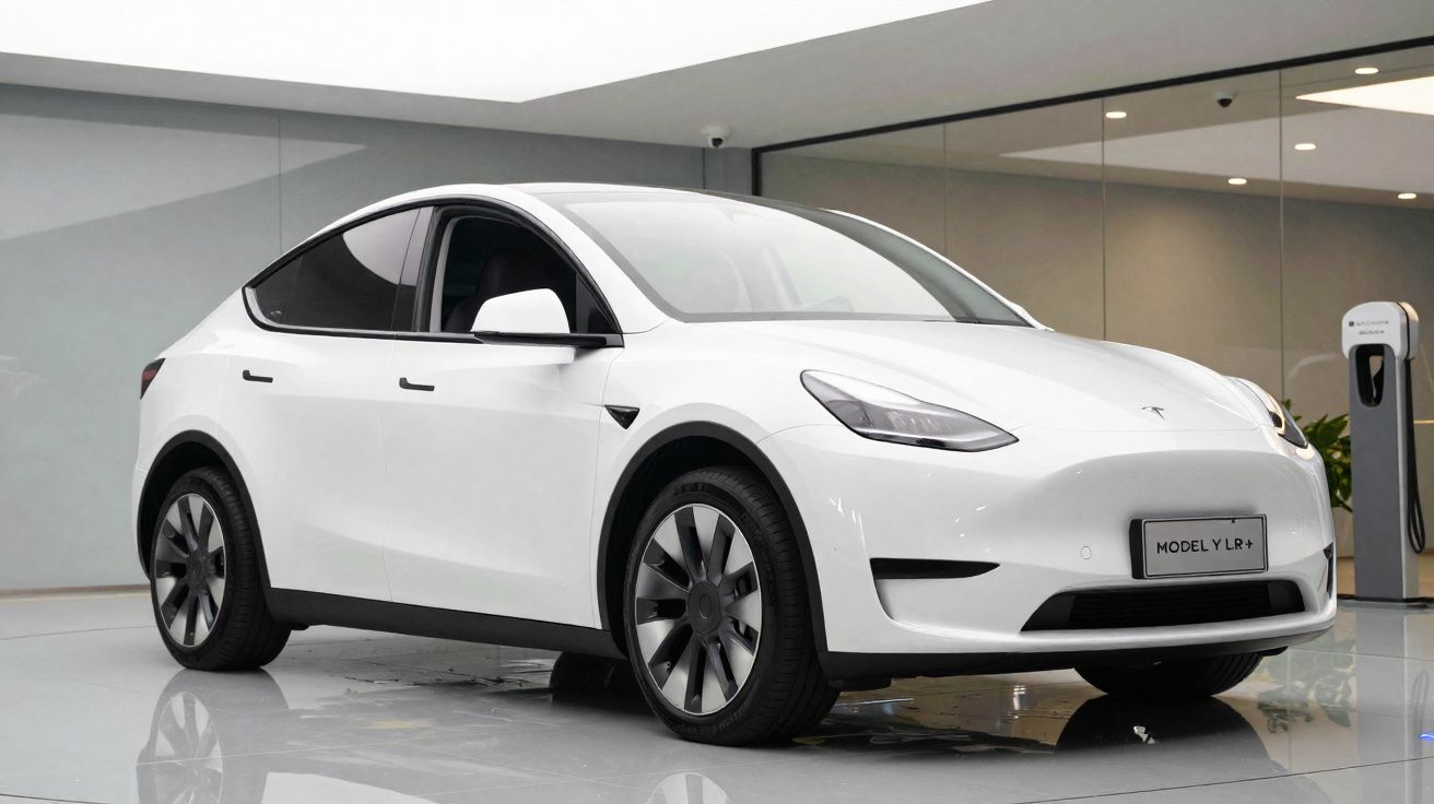 Coche eléctrico Tesla Model Y LR+ blanco estacionado en showroom moderno con cargador al fondo.