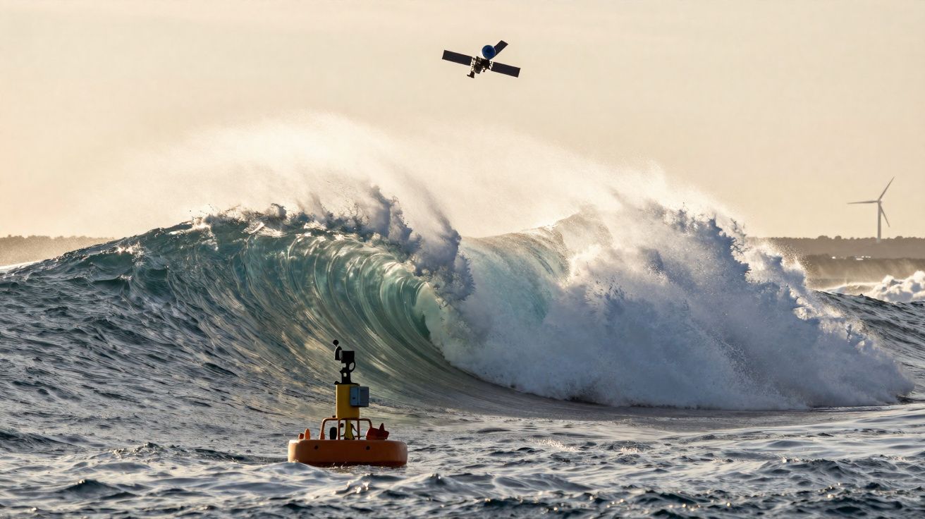 Gran ola rompiendo en el mar con una boya amarilla y un satélite sobrevolando el cielo gris.