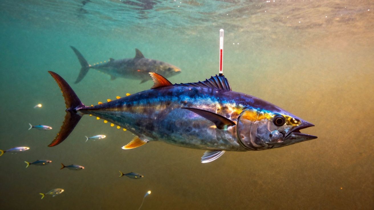 Atún nadando bajo el agua con otros peces pequeños y un gran pez difuminado al fondo.