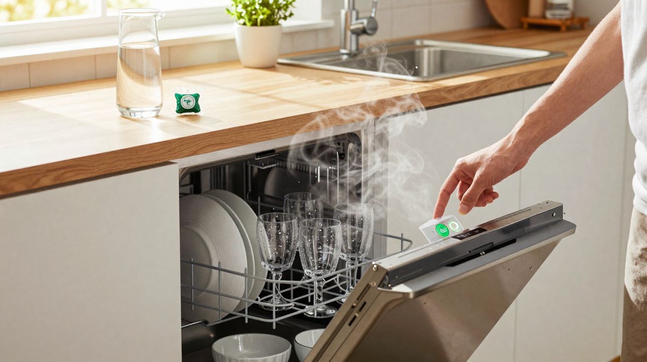 Persona colocando pastilla de detergente en lavavajillas abierto con platos y vasos en cocina moderna.