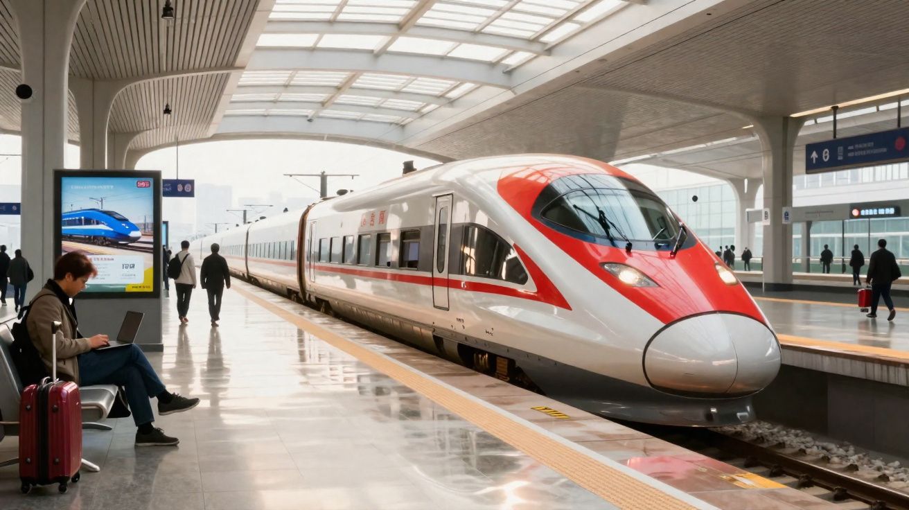 Estación moderna con tren de alta velocidad en andén y pasajeros esperando sentados y caminando.