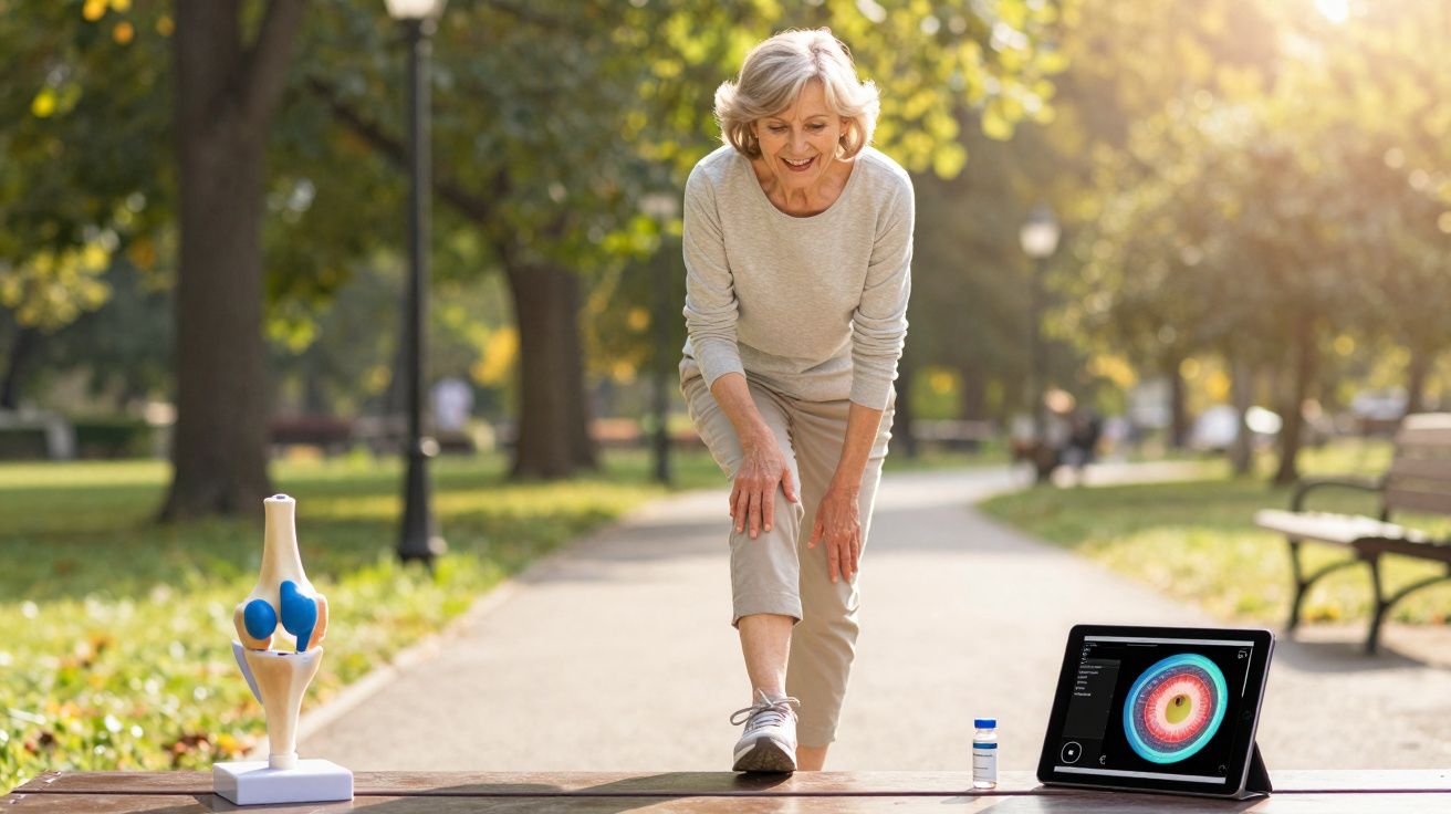 Mujer mayor estirando la pierna en un parque con modelo de articulación y tablet con imagen médica.