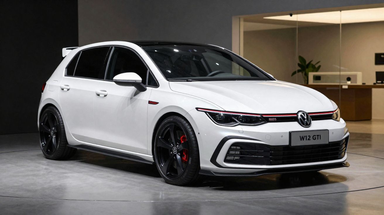 Volkswagen Golf GTI blanco aparcado en interior con llantas negras y detalles rojos deportivos.