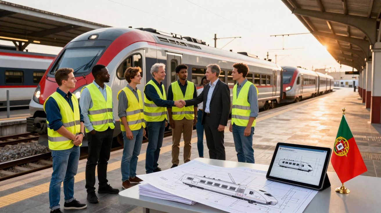 Grupo de ingenieros con chalecos reflectantes saludándose en estación de tren con planos y tren modernos en Portugal.