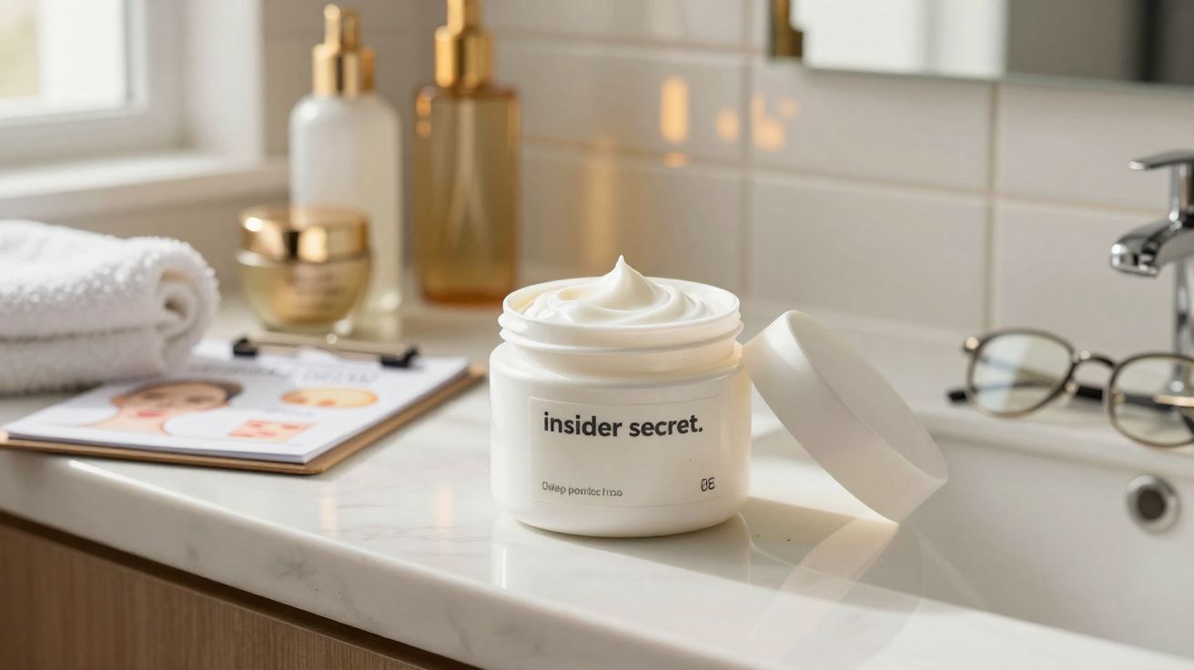 Crema facial abierta sobre lavabo de mármol junto a toalla blanca, gafas y productos de cuidado personal.