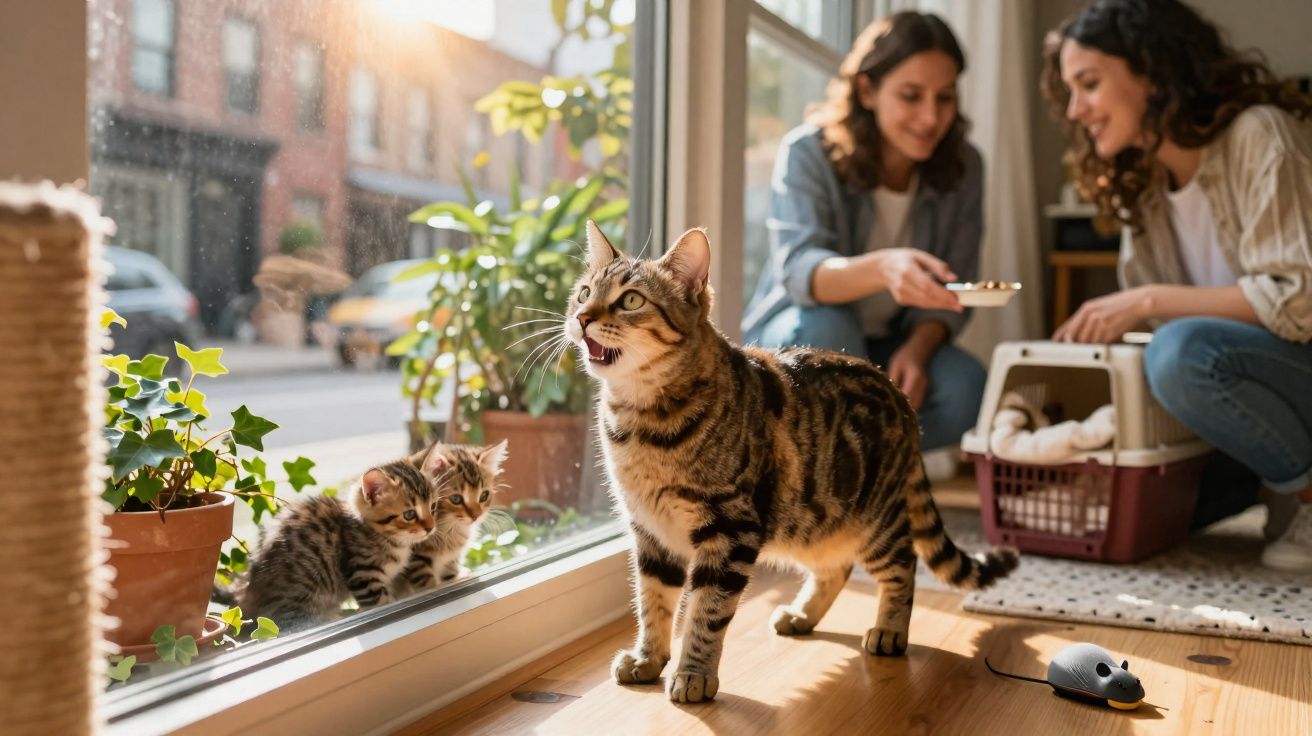 Gata y dos gatitos cerca de una ventana, con dos mujeres al fondo jugando con ellos en una casa iluminada.