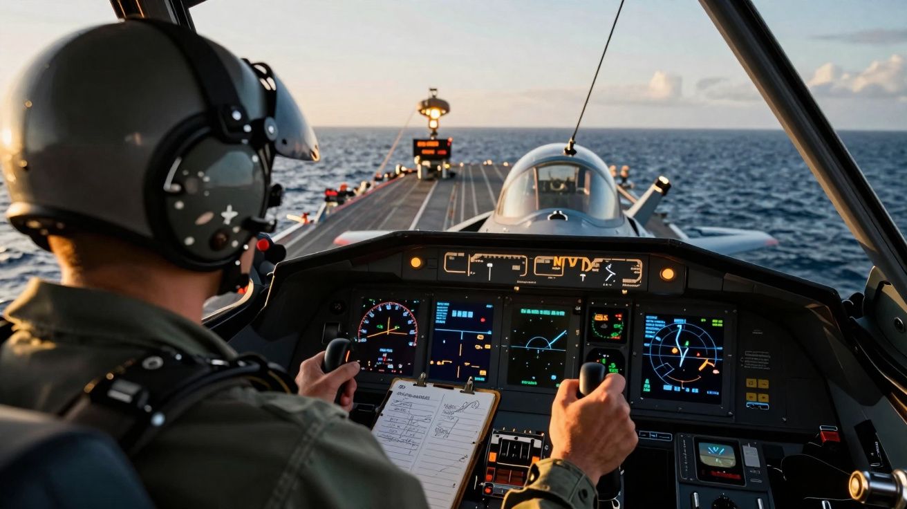 Piloto militar con casco en cabina de avión en portaaviones sobre el océano al atardecer.