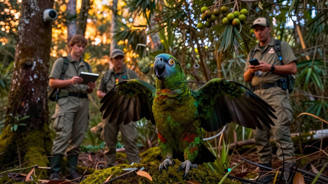 Loro azulamarillo con alas abiertas en primer plano y tres investigadores en un bosque al atardecer.