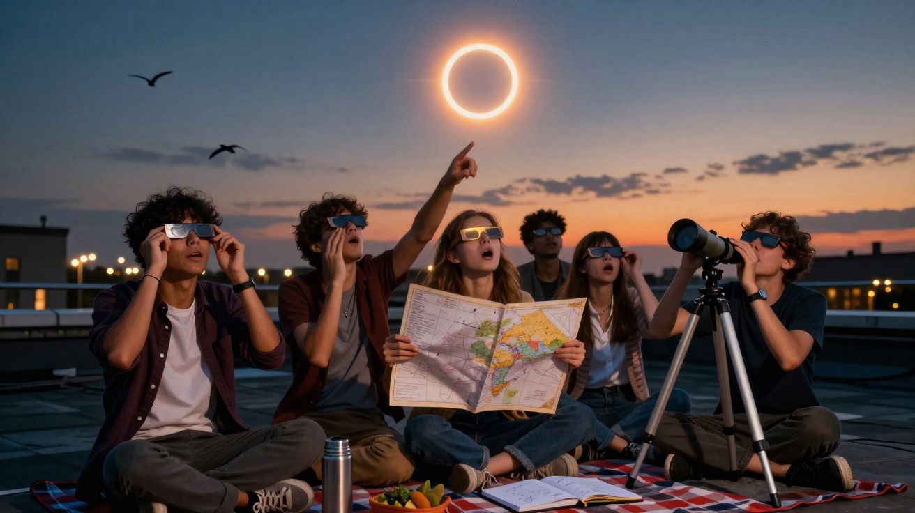 Grupo de jóvenes observando un eclipse solar con gafas protectoras en la azotea al atardecer.