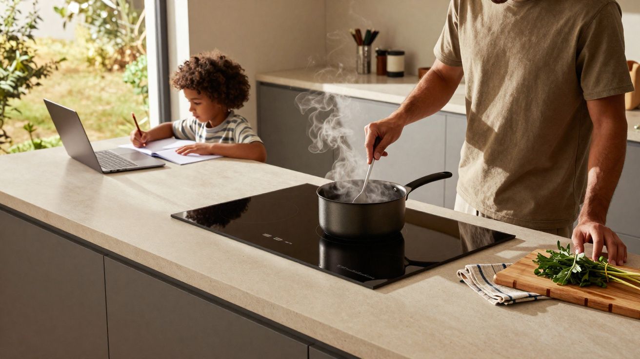 Hombre cocinando en la cocina mientras un niño hace los deberes junto a un portátil.