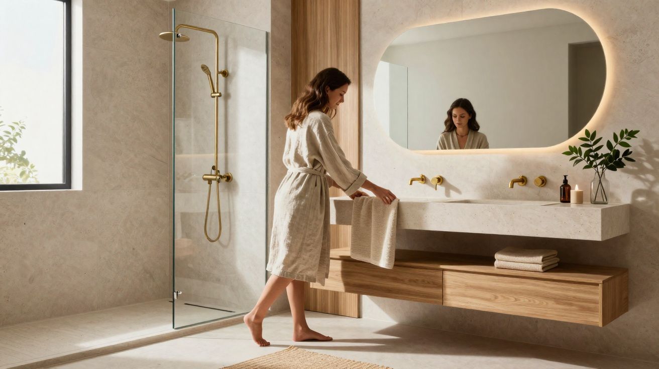 Mujer con bata en baño moderno con ducha de cristal y espejo ovalado retroiluminado.