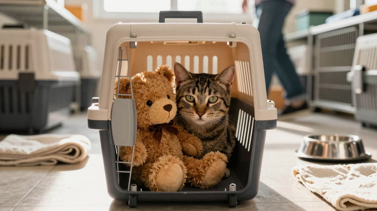 Gato dentro de transportín junto a un osito de peluche en una habitación iluminada por luz natural.