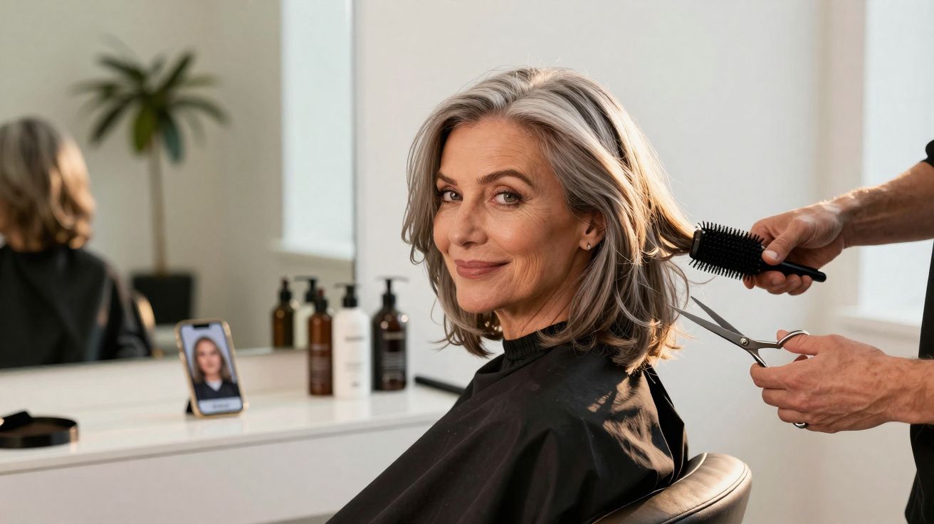 Mujer mayor sonriendo en peluquería mientras le cortan el pelo con tijeras y cepillo.