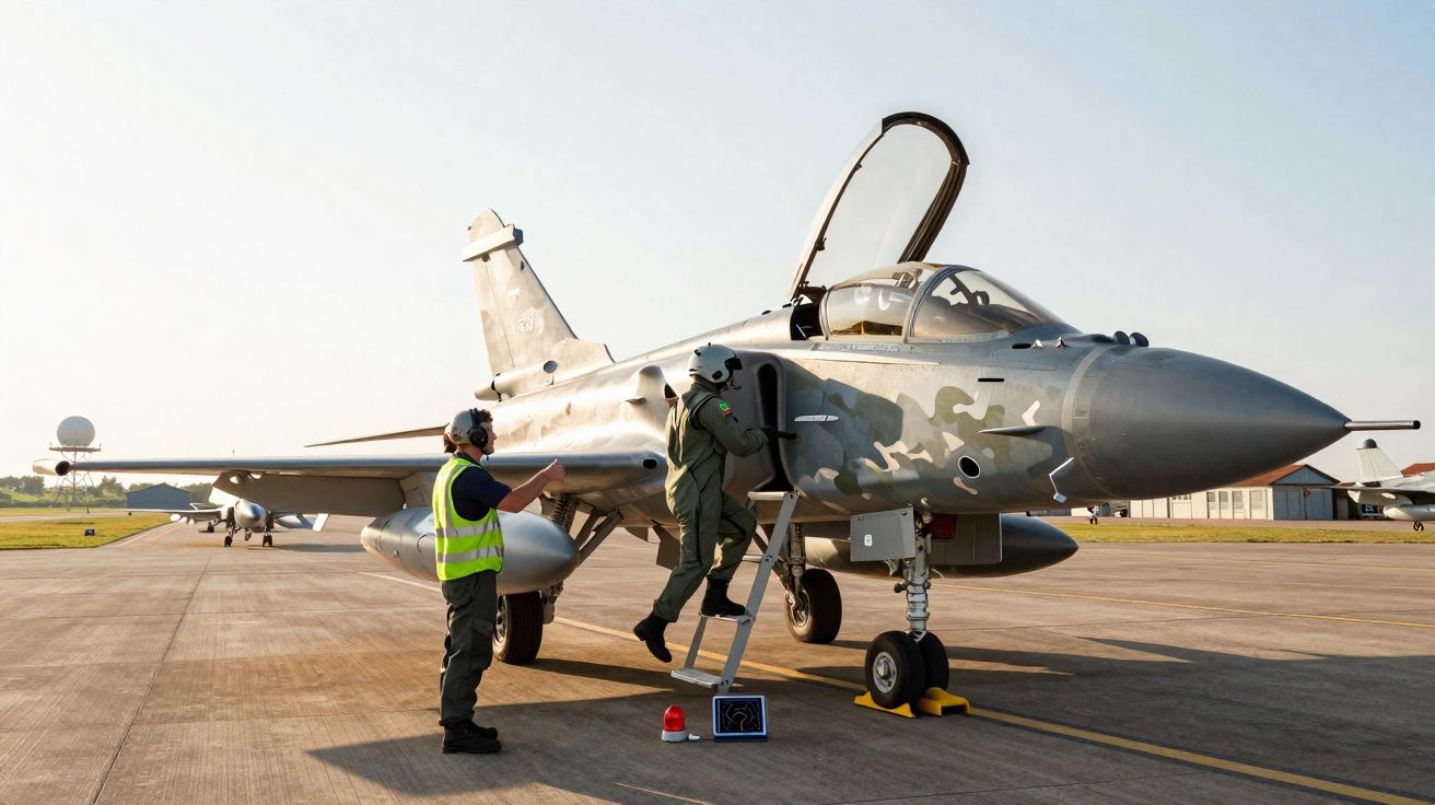 Piloto con traje de vuelo sube a caza militar camuflado en pista, mientras técnico da instrucciones.