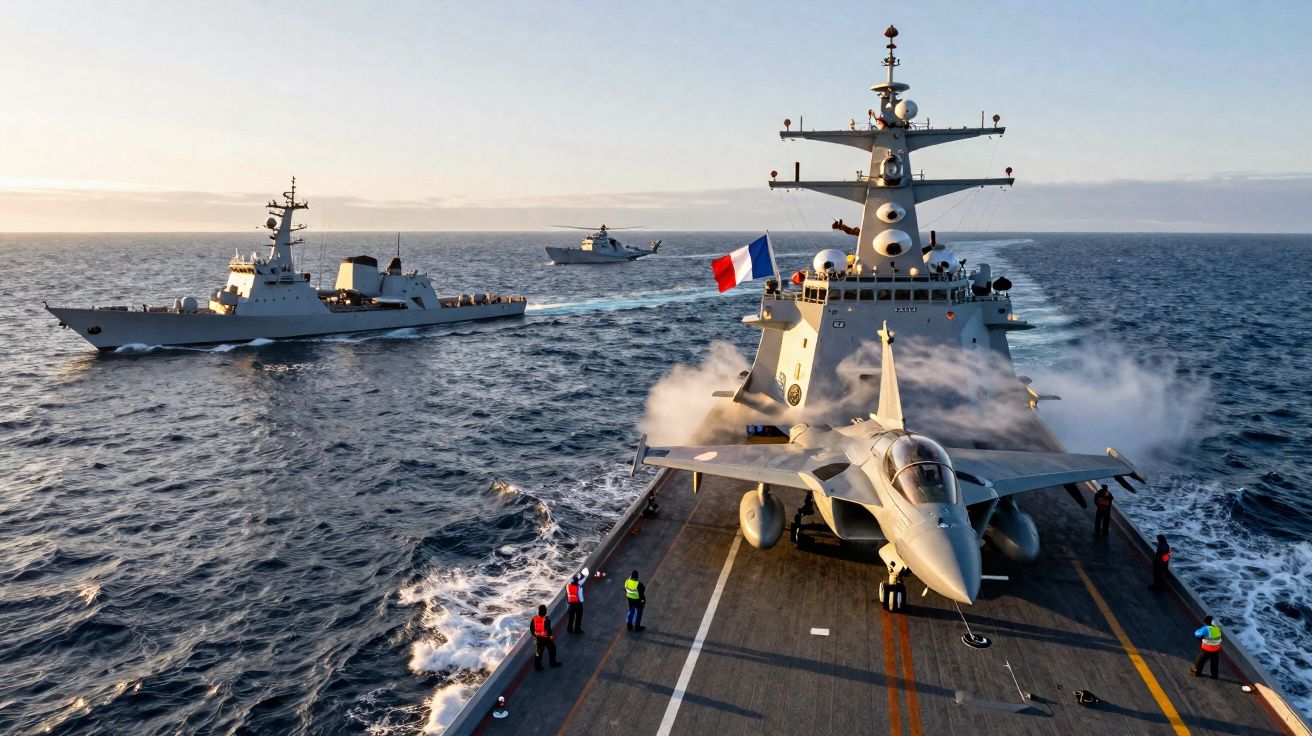 Portaviones francés con caza Rafale y varios barcos militares en alta mar al atardecer.