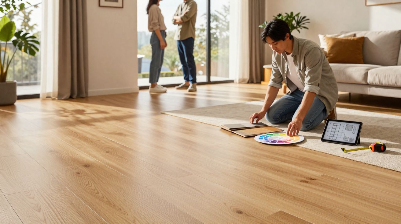 Hombre arrodillado eligiendo colores para pintar un piso de madera mientras una pareja habla al fondo en el salón.