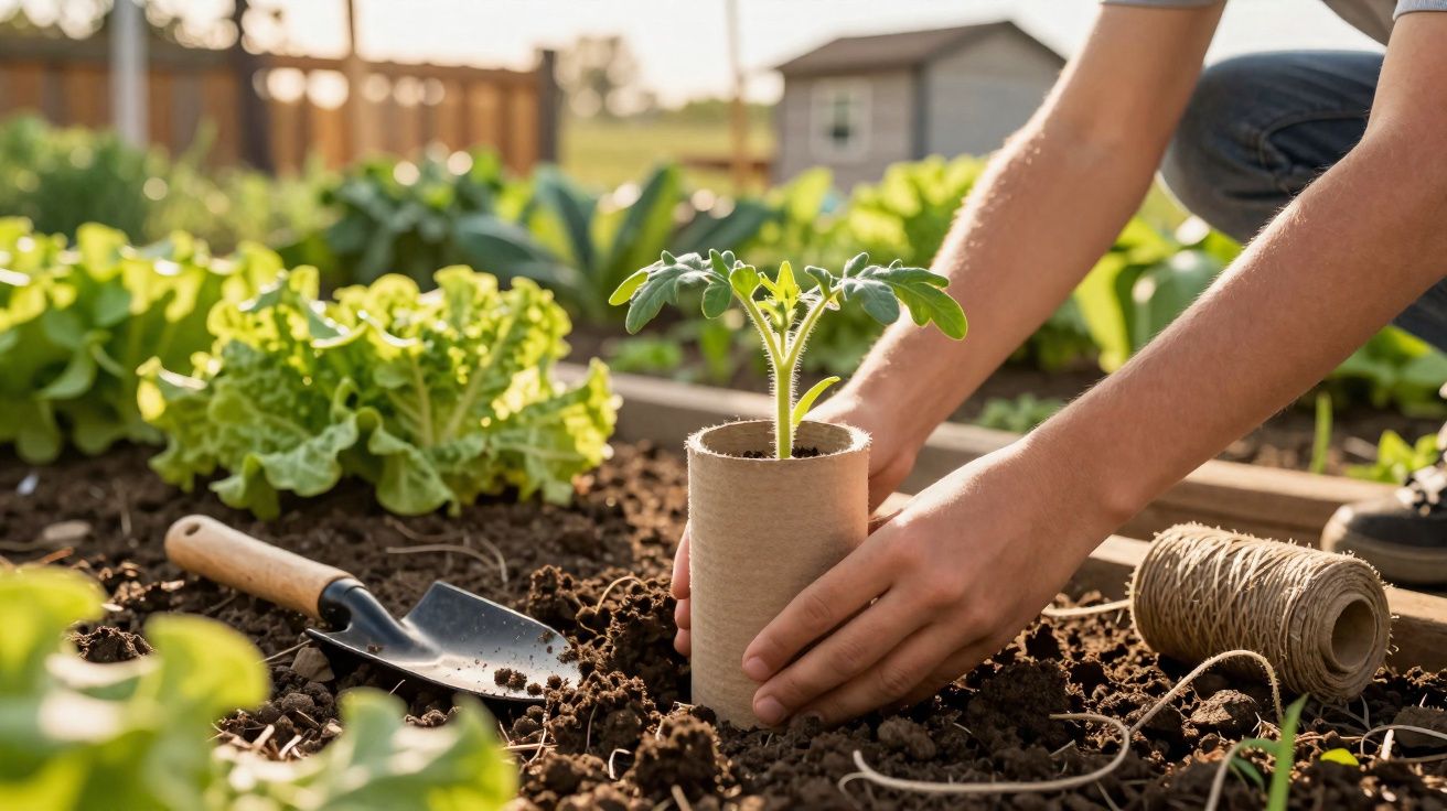 Manos plantando una pequeña planta en un huerto con herramientas y verduras alrededor.
