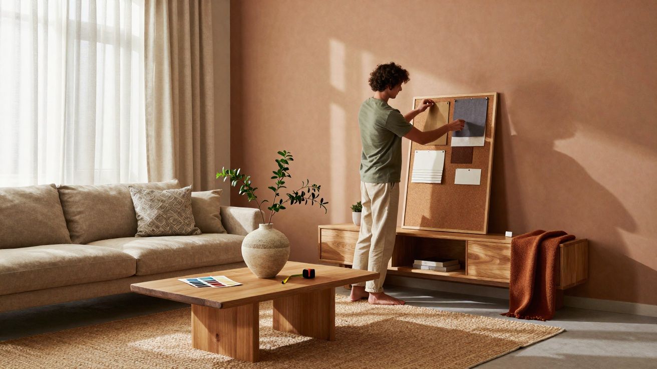 Hombre decorando un tablero de corcho en un salón con sofá beige, mesa de madera y pared marrón.