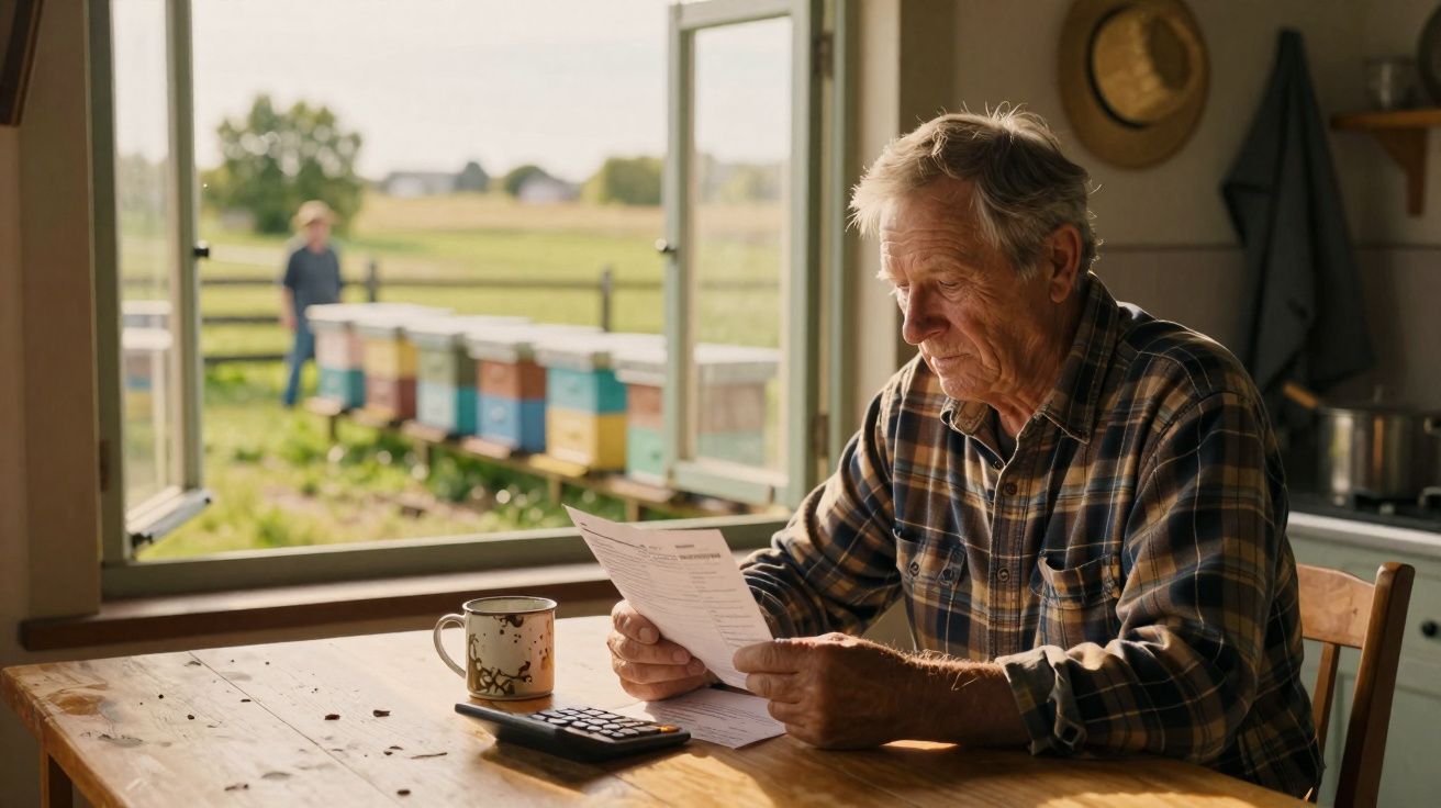 Hombre mayor sentado en una mesa leyendo un documento, con colmenas y campo al fondo a través de una ventana abierta.