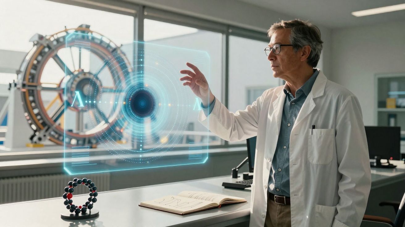 Hombre científico con bata blanca interactuando con holograma de datos en laboratorio moderno.