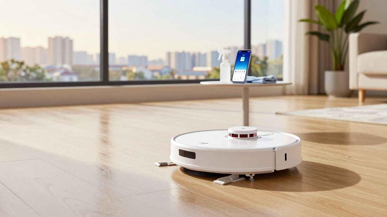 Robot aspirador blanco limpiando suelo de madera en salón con sofá y planta junto a ventana grande.