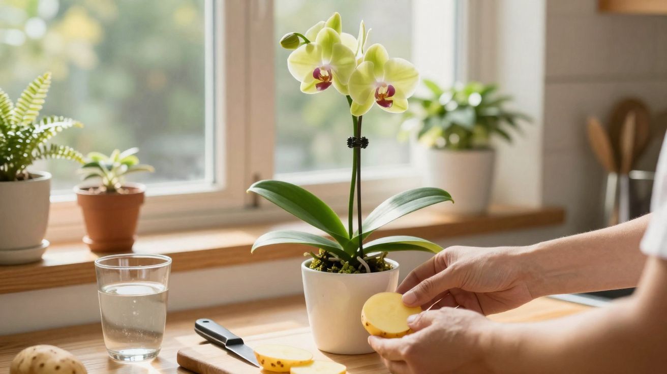 Orquídea amarilla en maceta sobre encimera de cocina con manos manipulando fruta junto a cuchillo y vaso de agua.