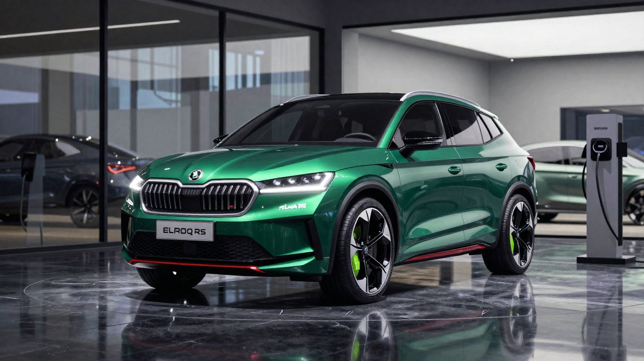 Coche eléctrico Škoda Elroq RS verde estacionado en un salón con suelo brillante y otros vehículos al fondo.
