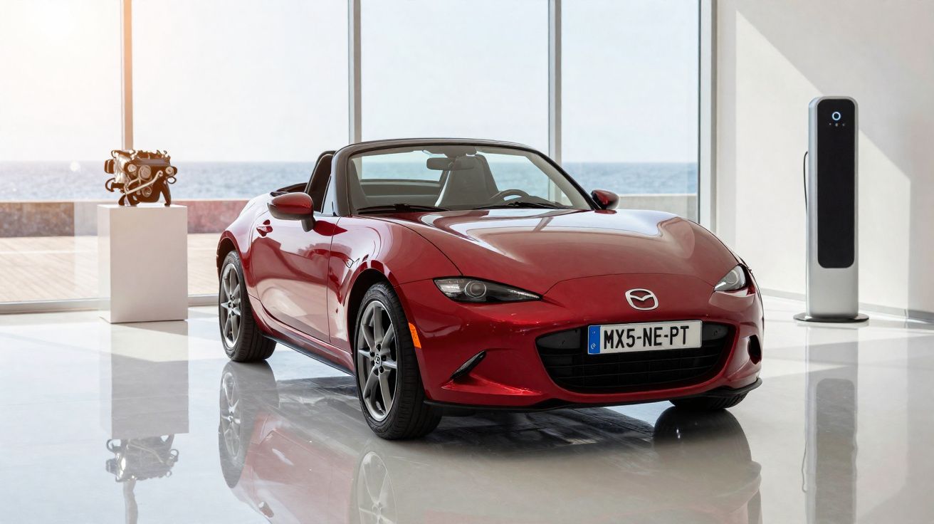 Coche deportivo descapotable rojo Mazda MX-5 en un espacio interior luminoso con vistas al mar.
