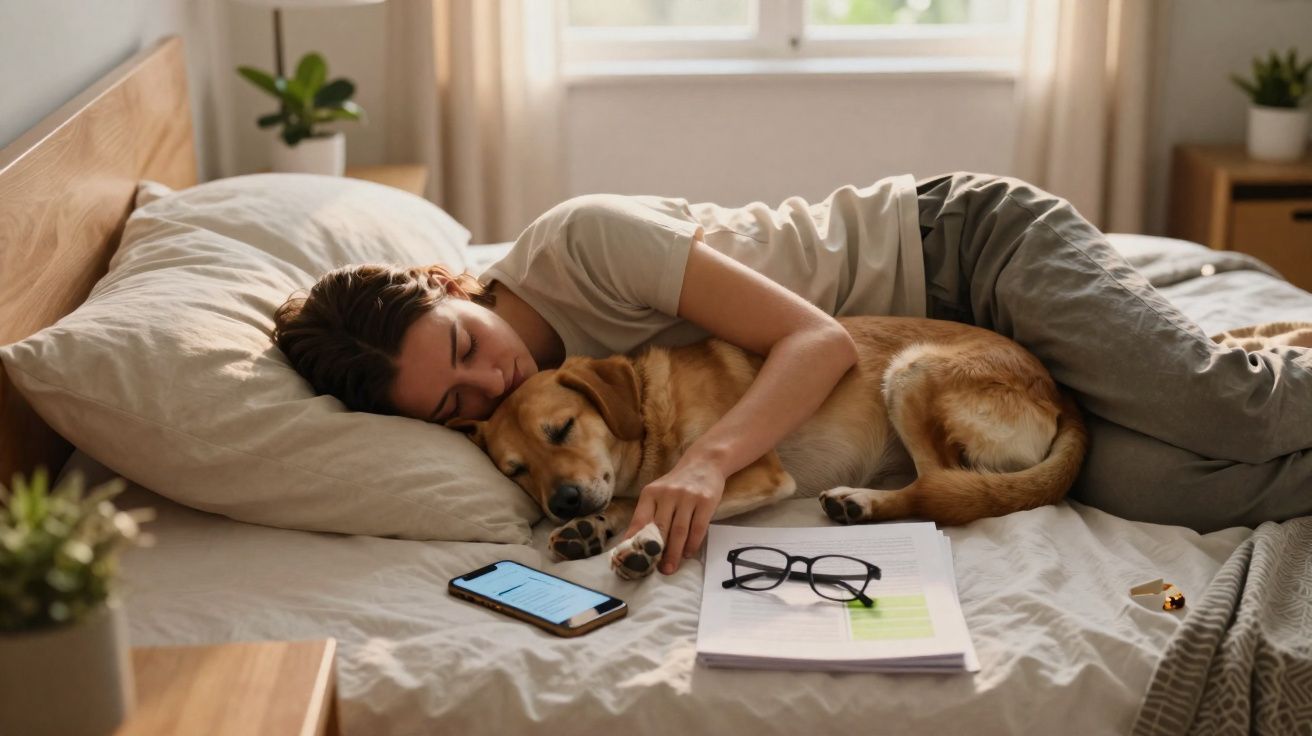 Persona descansando abrazada a un perro en una cama con móvil y gafas sobre papeles junto a ellos.