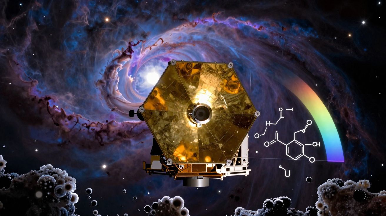 Telescopio espacial con espejo dorado en un entorno cósmico con galaxias y estructuras moleculares.