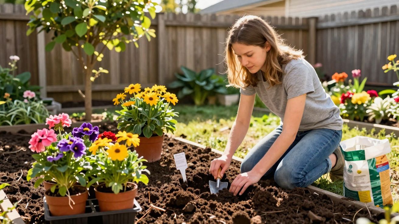 Mujer joven plantando flores en un jardín soleado, con macetas y tierra preparada alrededor.
