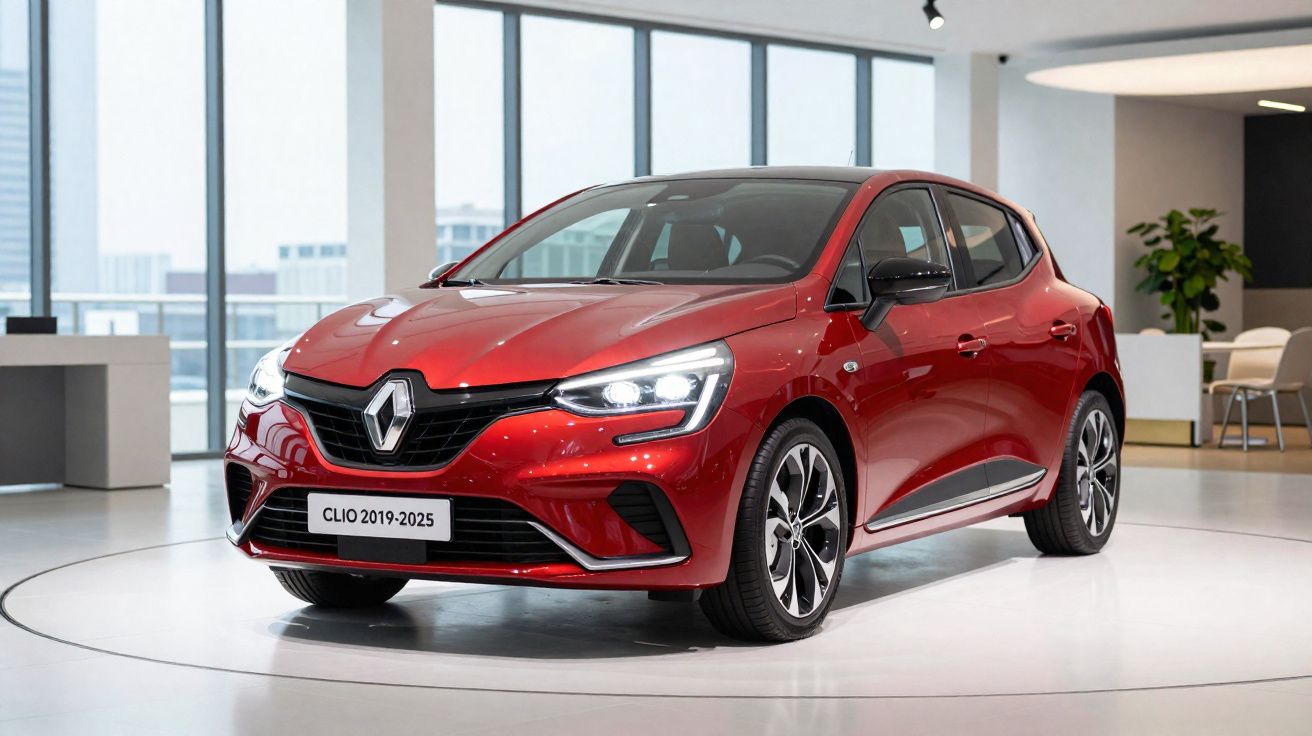Coche Renault Clio rojo modelo 2019-2025 expuesto en interior con suelo blanco y grandes ventanales.