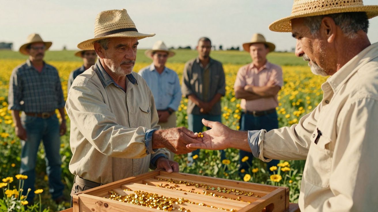 Agricultores con sombreros de paja inspeccionan semillas en una caja en medio de un campo de flores amarillas.