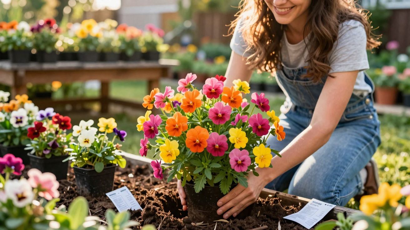 Mujer plantando flores de colores en un jardín con luz natural y varias macetas alrededor.