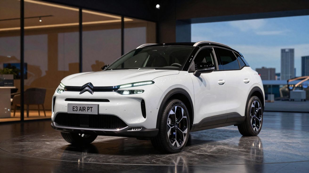 Coche eléctrico Citroën E3 Air PT blanco estacionado en interior moderno con ventanas grandes y vista urbana.