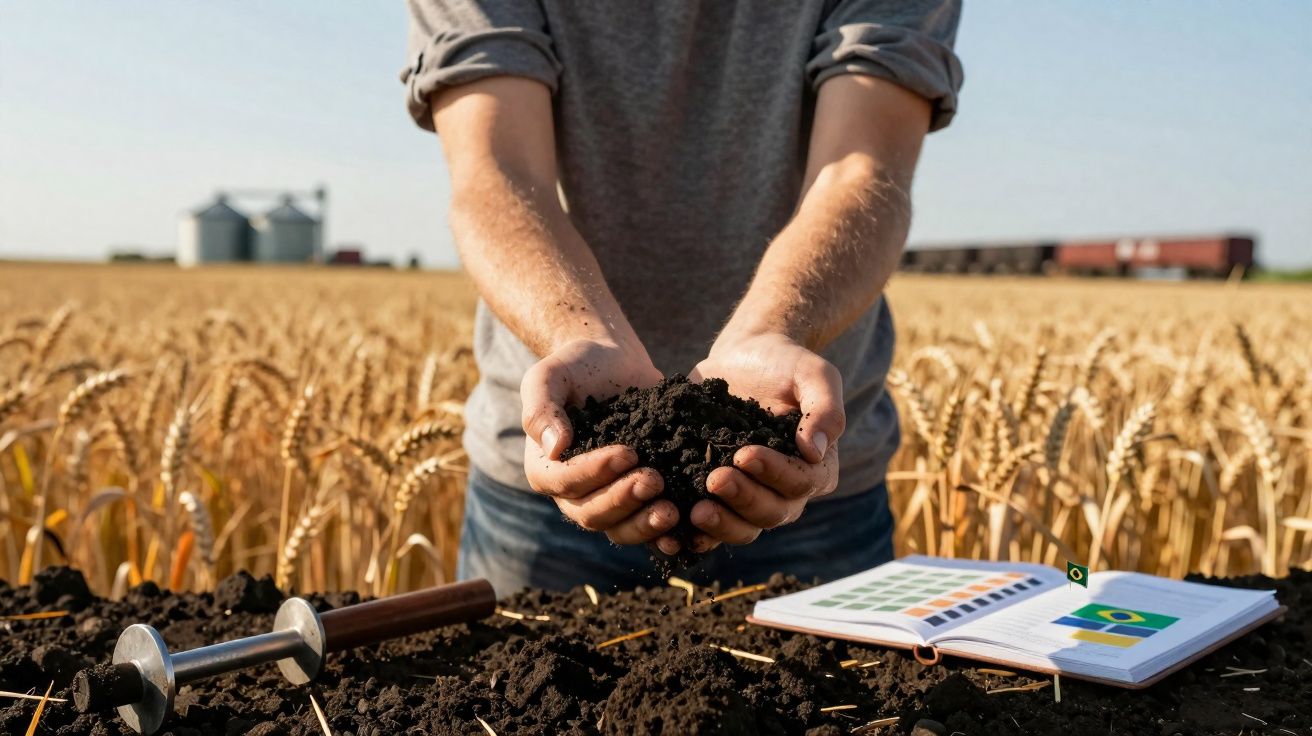 Persona sosteniendo tierra fértil en campo de trigo con libro de agricultura y herramientas sobre suelo.