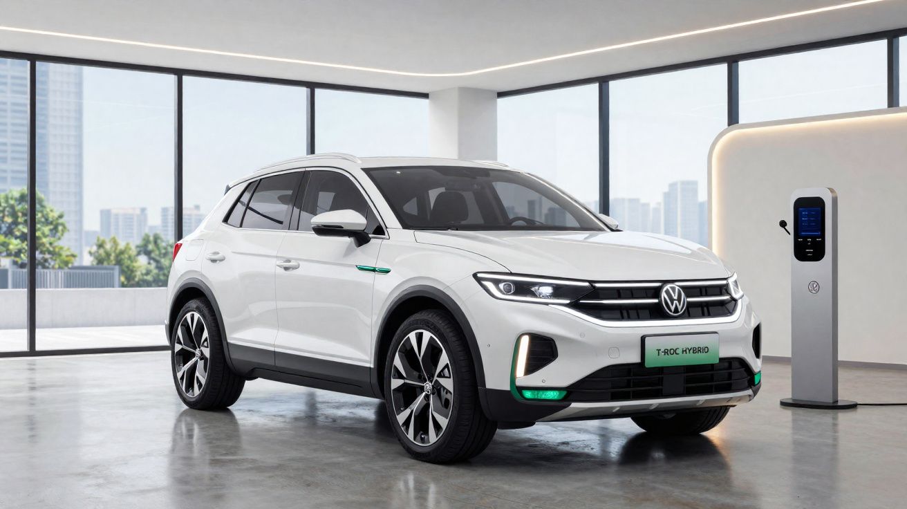 Coche SUV blanco Volkswagen T-Roc Híbrido enchufable junto a un punto de recarga en un espacio moderno interior.